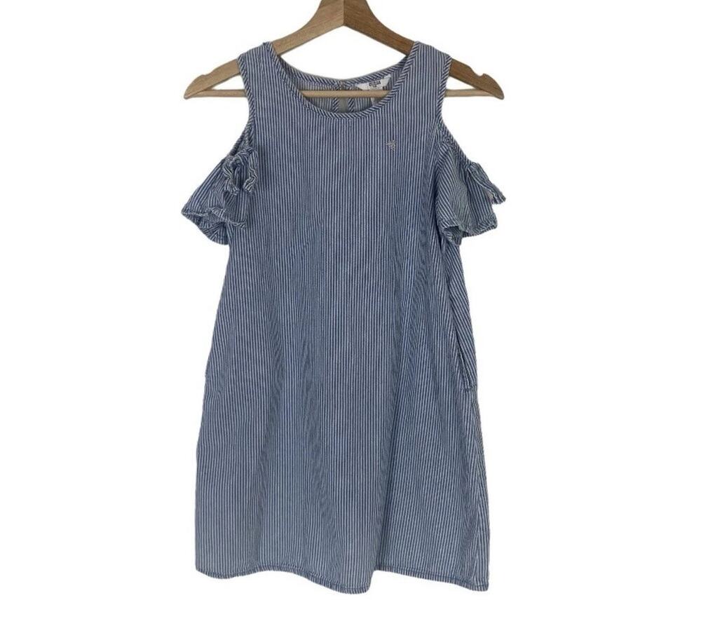 Guess Girls Blue White Striped Cold Shoulder Shift Dress Sz 7-8 Nautical Coastal